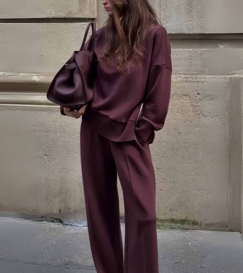 Charlottie two-piece set in burgundy, full-length street view