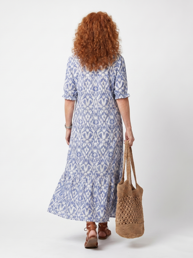 Ottoline printed midi dress in blue, full-length back view