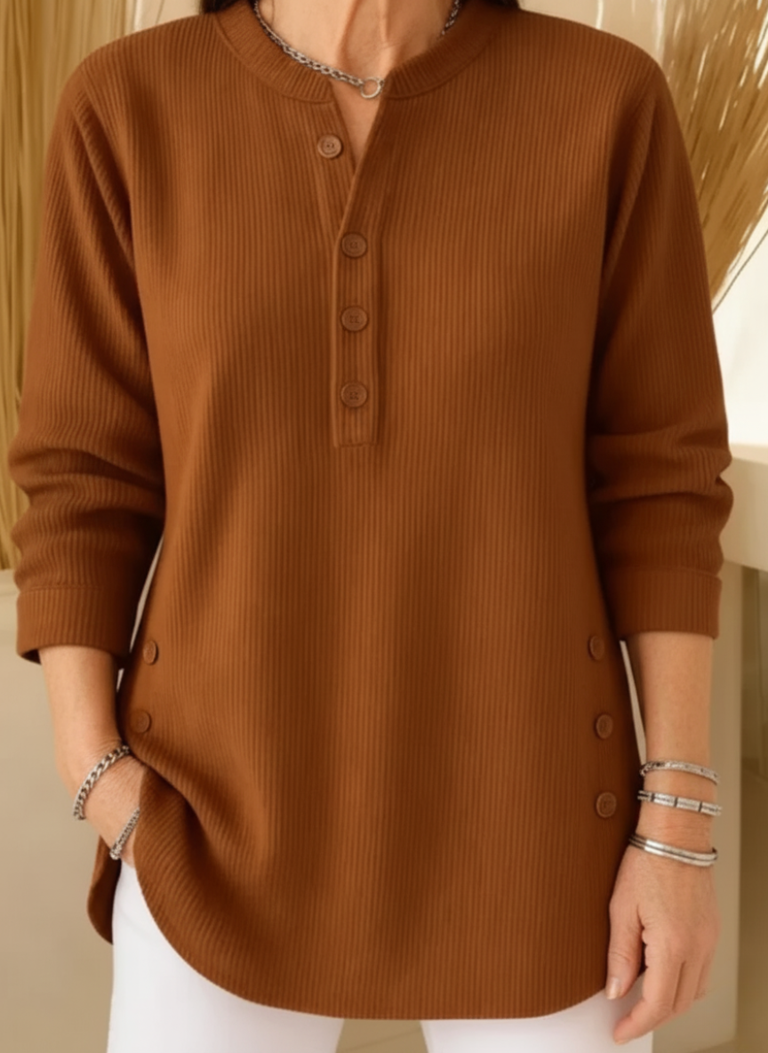 Nysha ribbed button sweater in caramel, front view