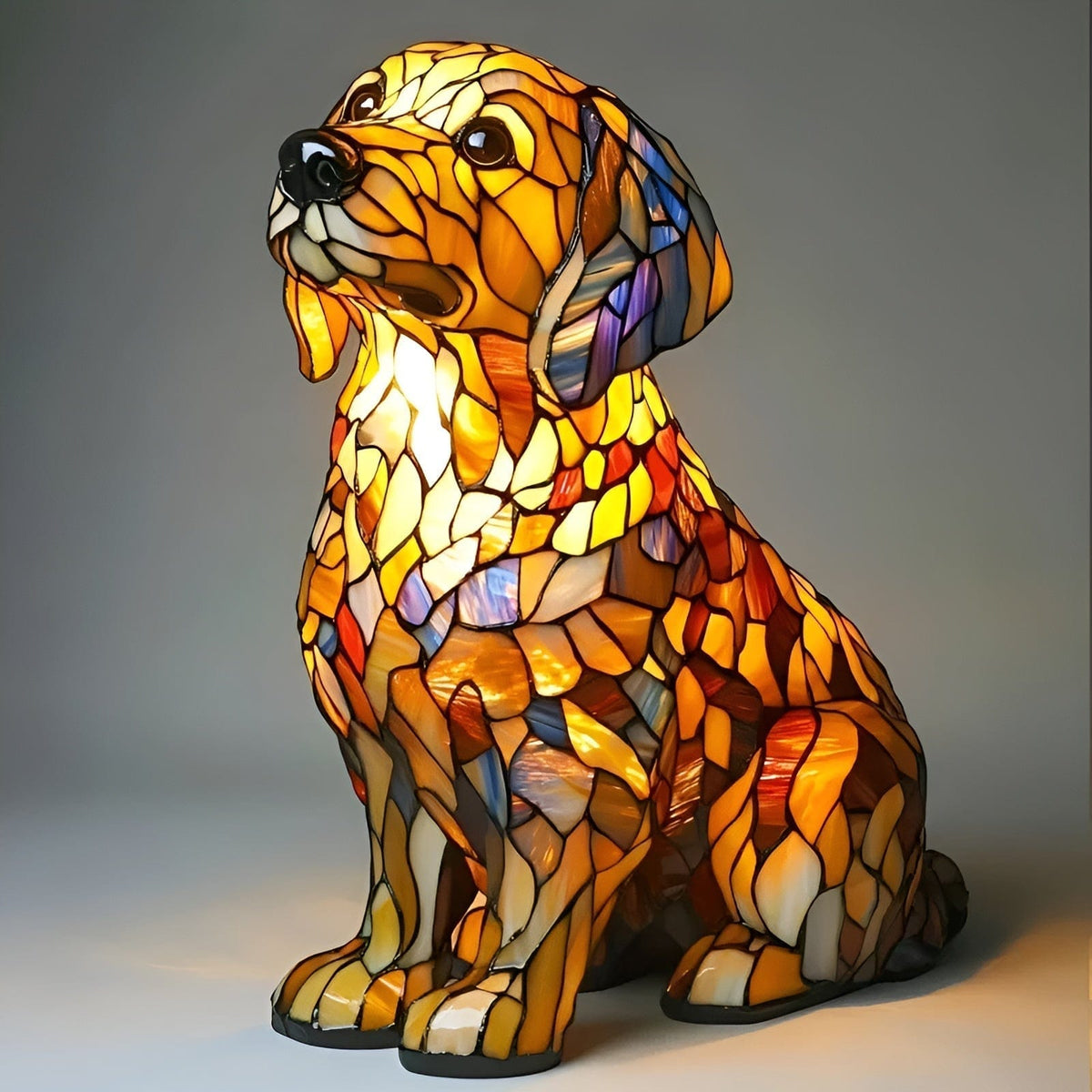 Golden retriever glow lamp in amber mosaic glass, sitting side view