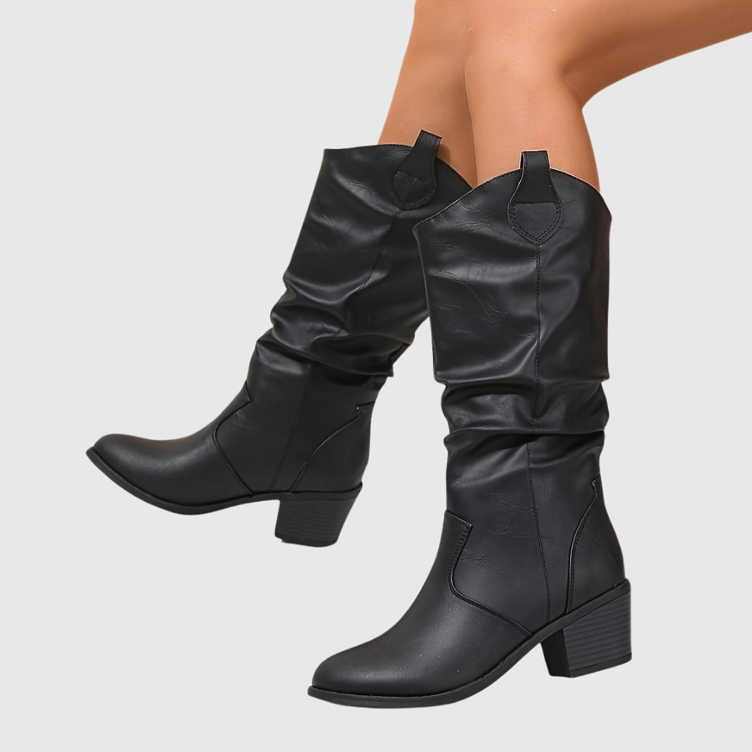 Hattie Western boots in black, worn side view