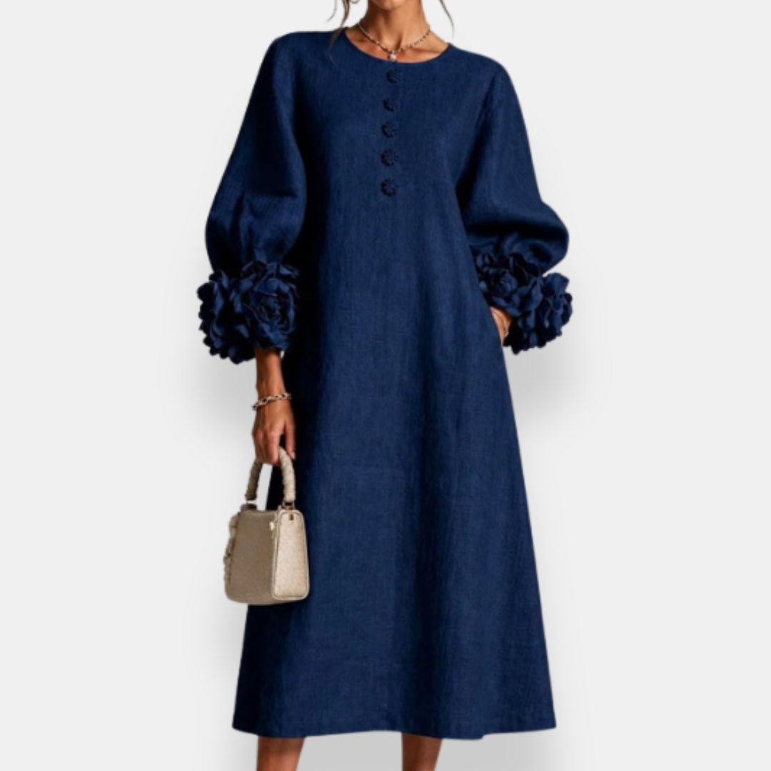 Annabelle floral appliqué midi dress in navy blue, full-length front view