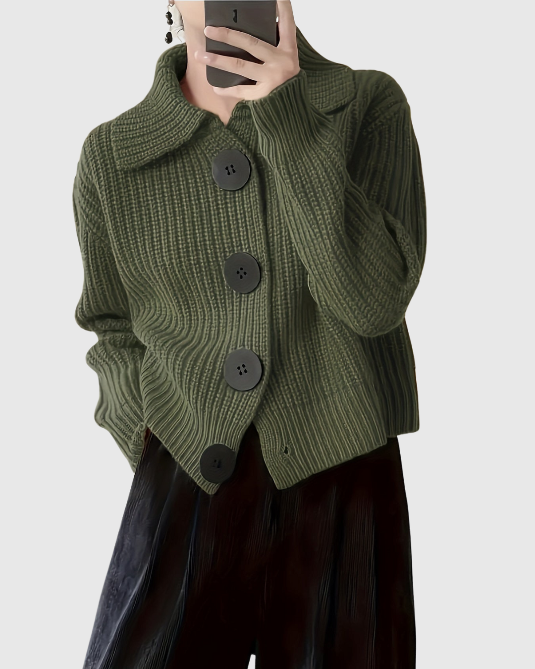 Marisse premium knit jacket in green, front view with button fastening
