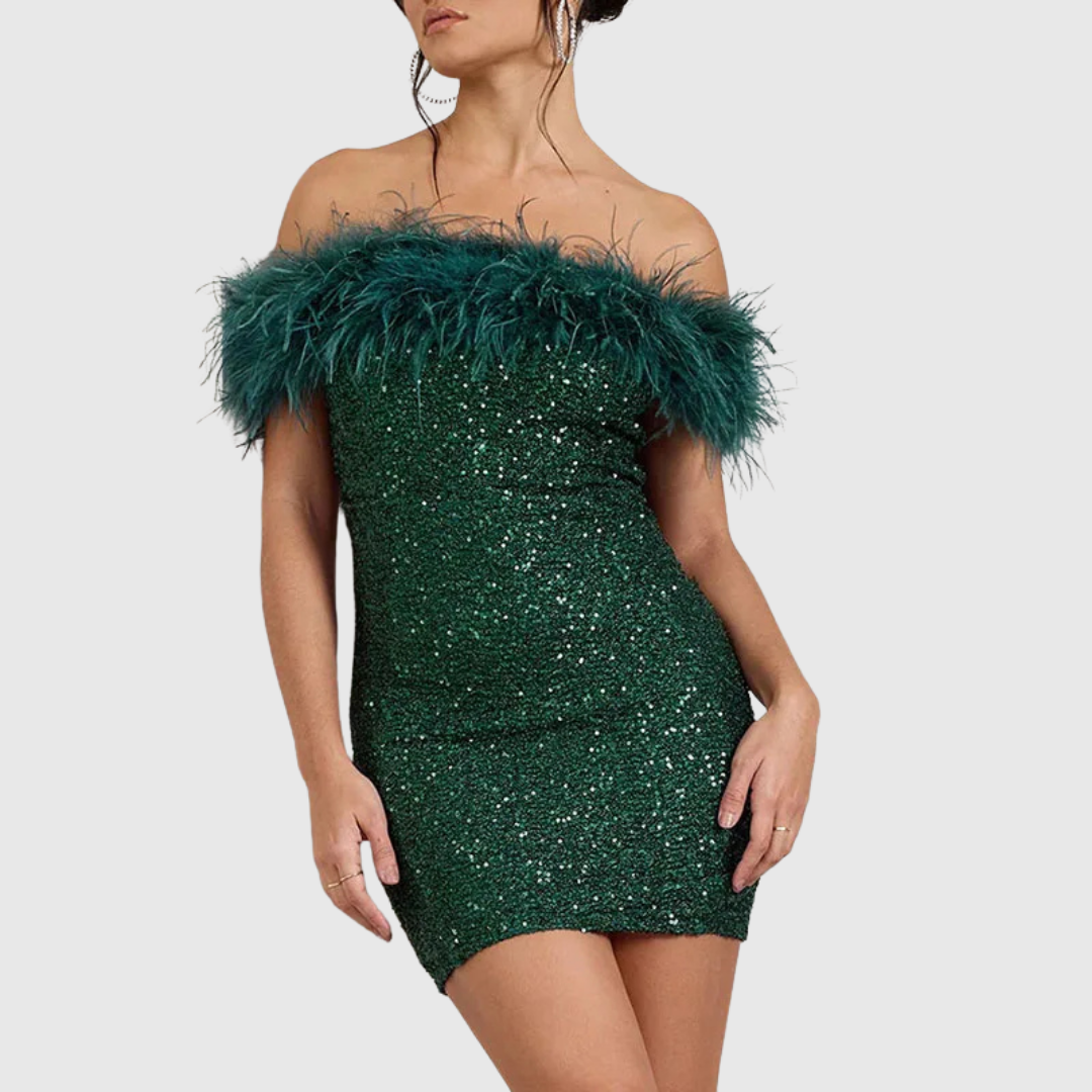 Adriana off-shoulder glitter dress in green, front view