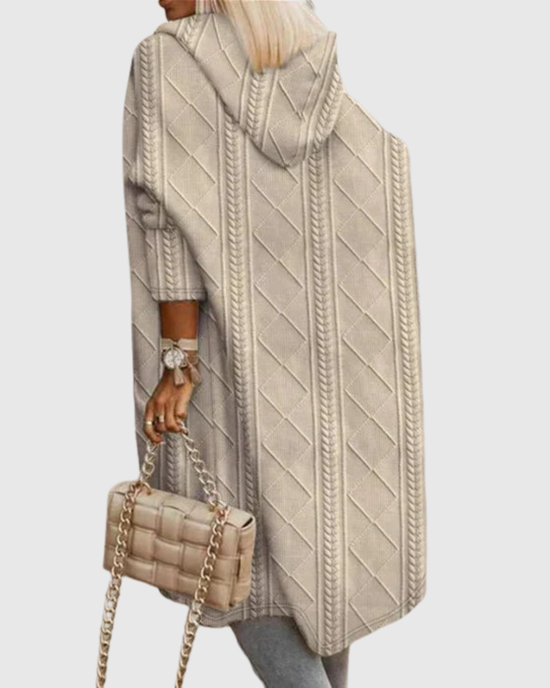 Honoria hooded cable-knit cardigan in beige, back view showing hood
