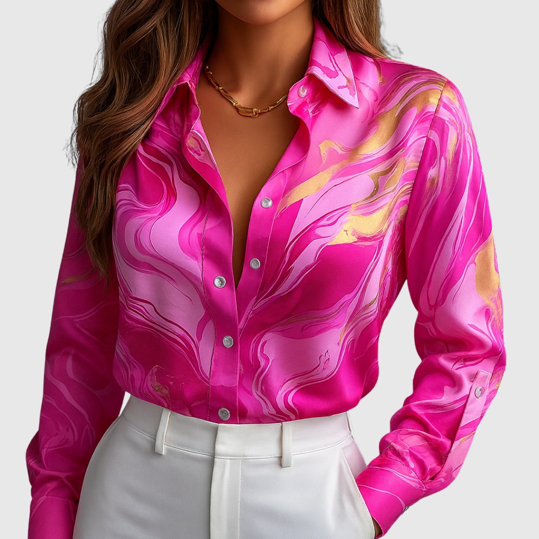 Corinna satin flow shirt in pink marble print, front view with white trousers