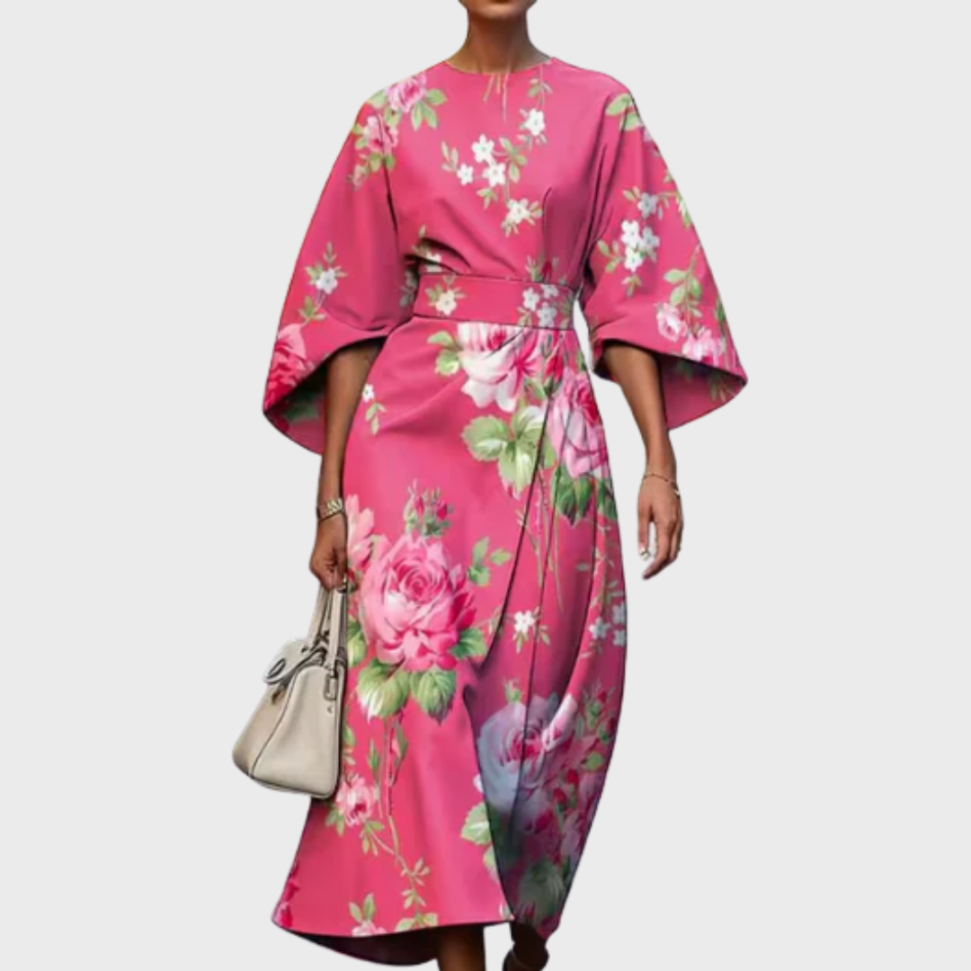 Edrica floral dress in pink rose print, full-length front view