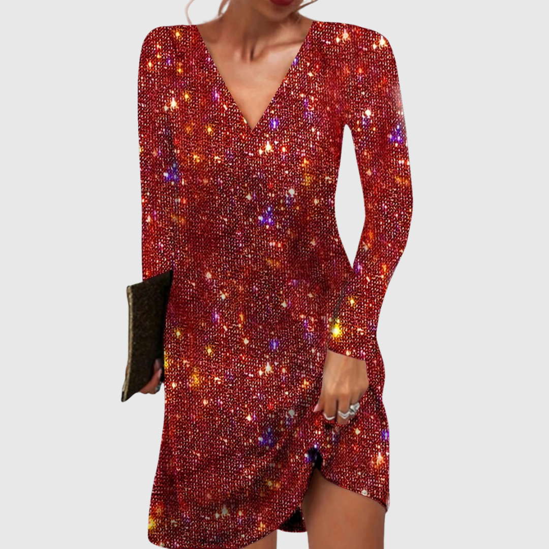 Celine sequin mini dress in red, front view with clutch