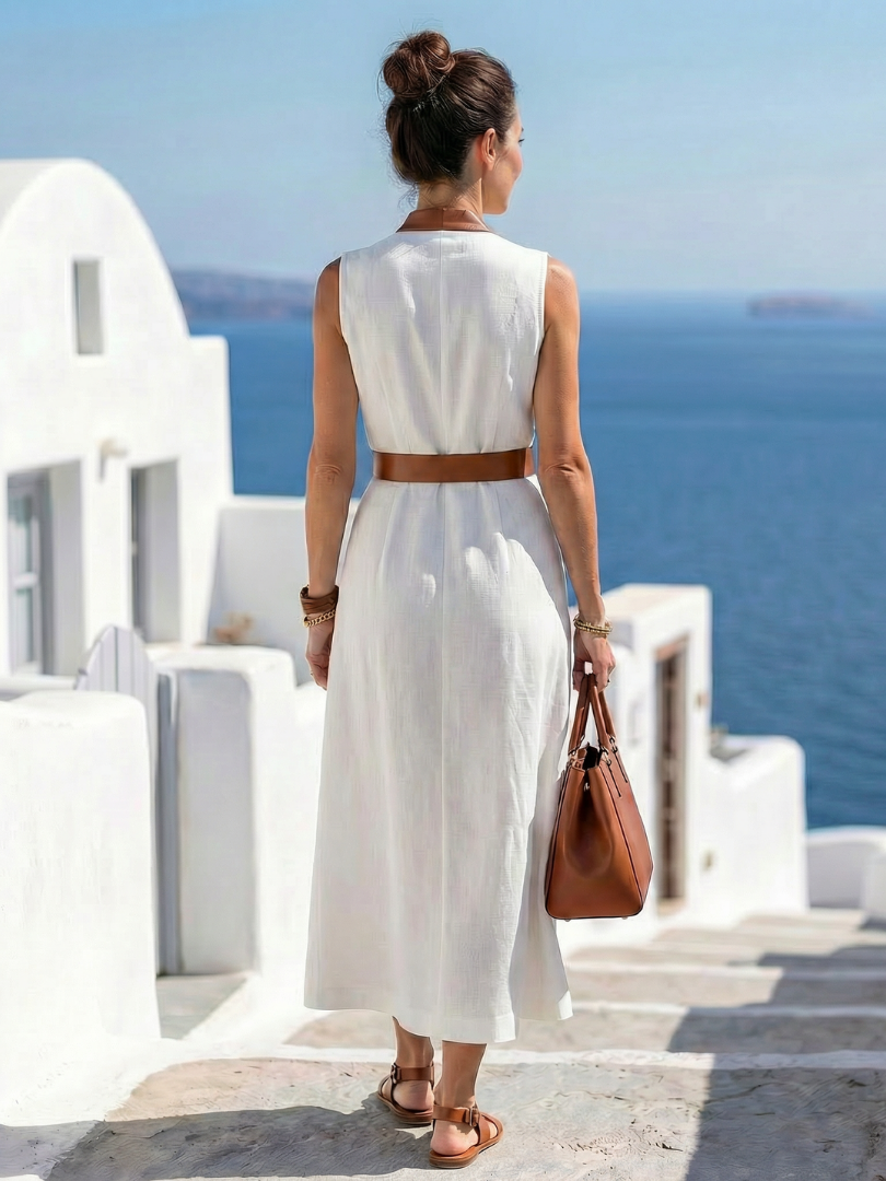 Myra contrast line midi dress in white, back view