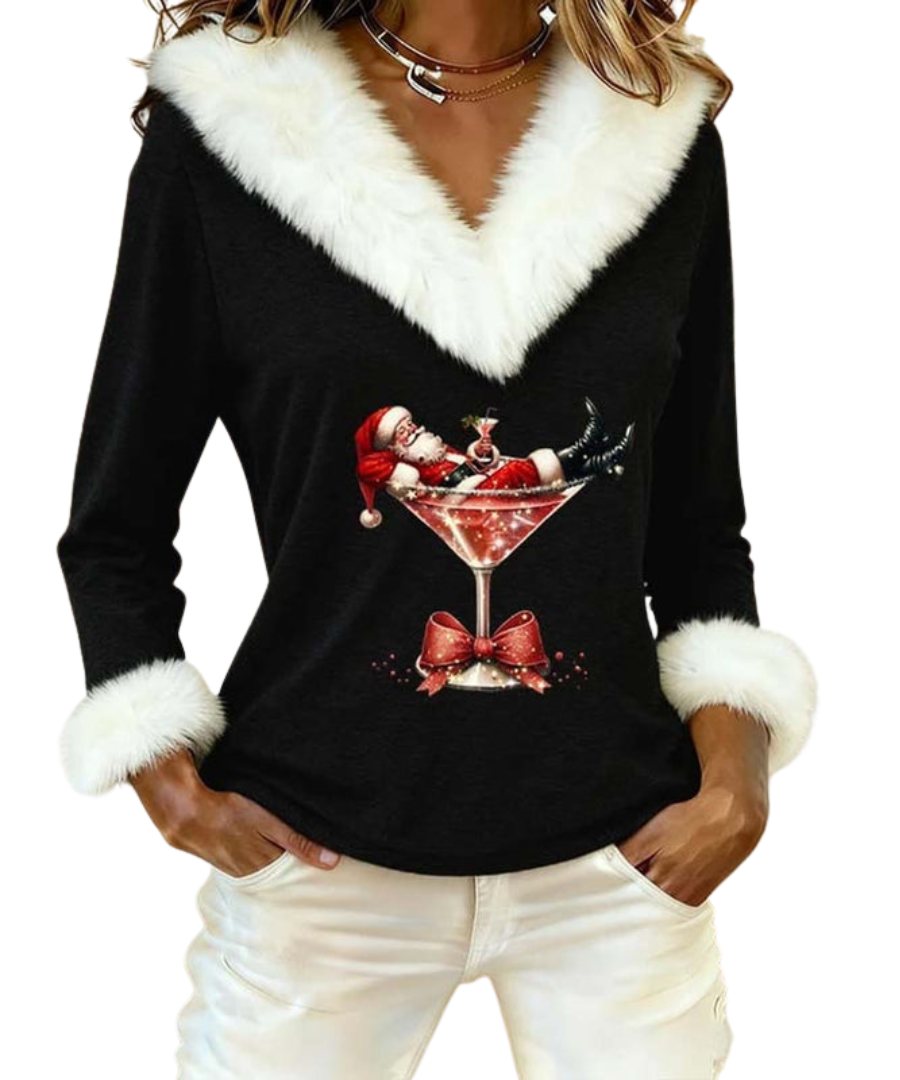 Kavira festive sweater in black with white faux-fur V-neck, front view