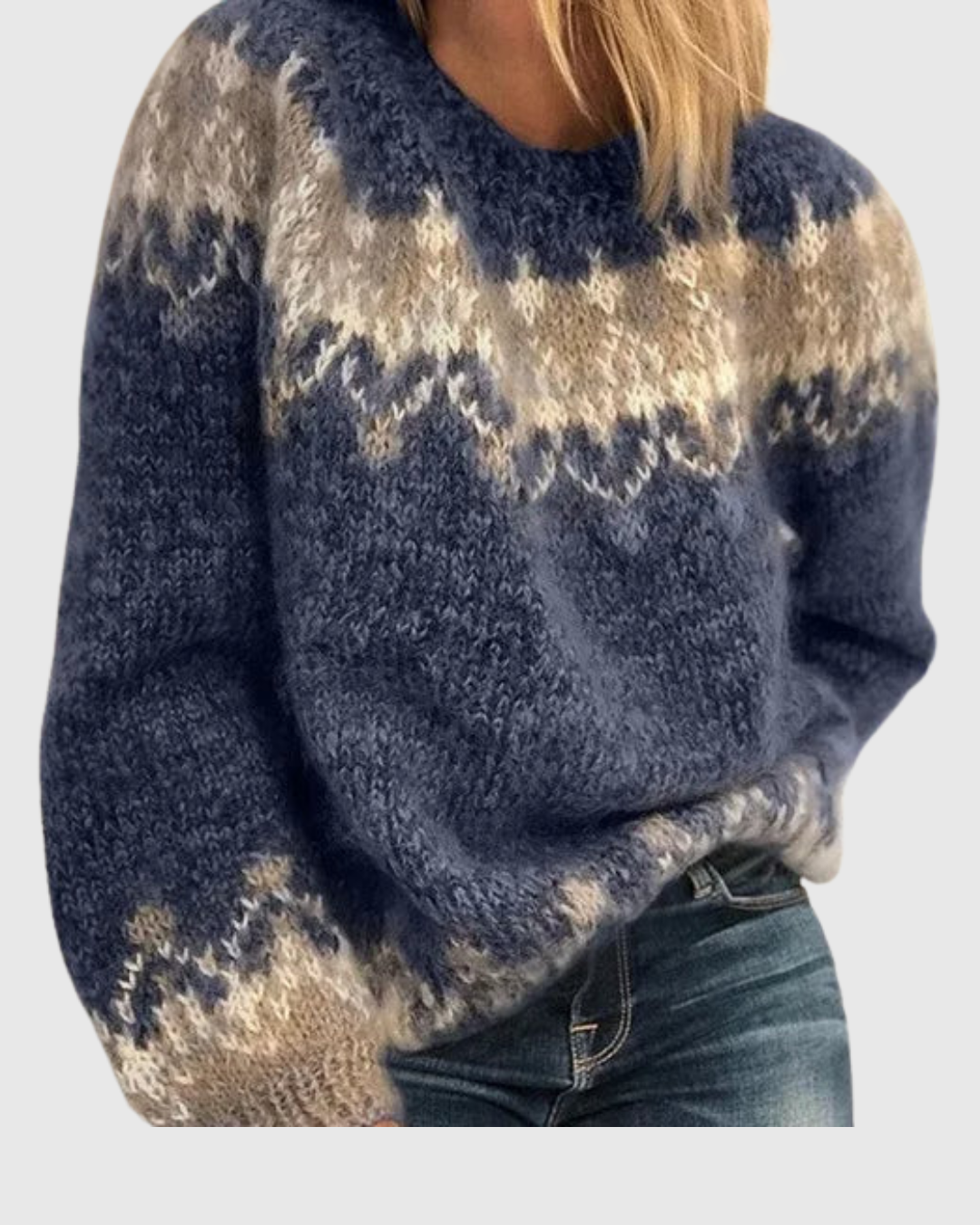 Maja Nordic pattern sweater in blue, front view on model