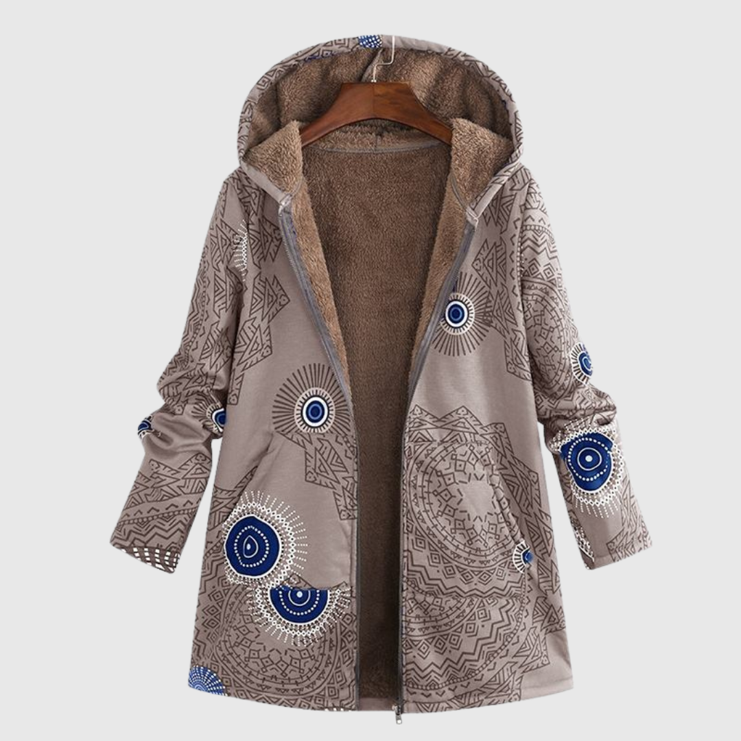 Willow warm hooded jacket in grey geometric print, front view