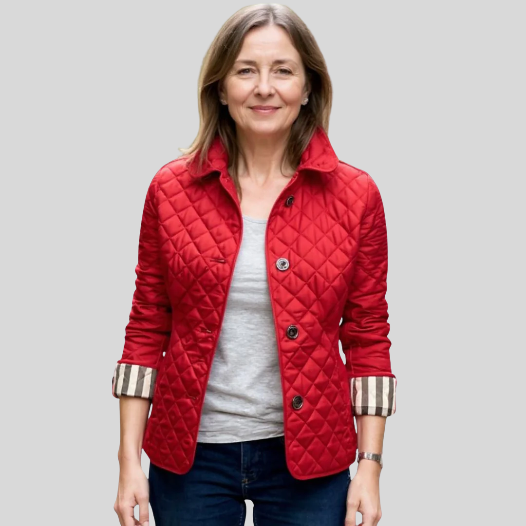 Hailey quilted jacket in red, front view with checked cuffs
