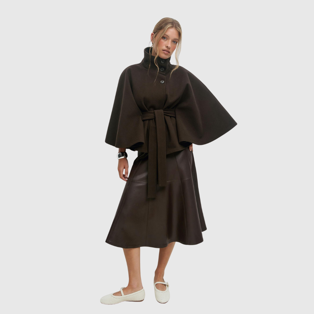 Rhoslyn belted cape jacket in brown, full-length front view