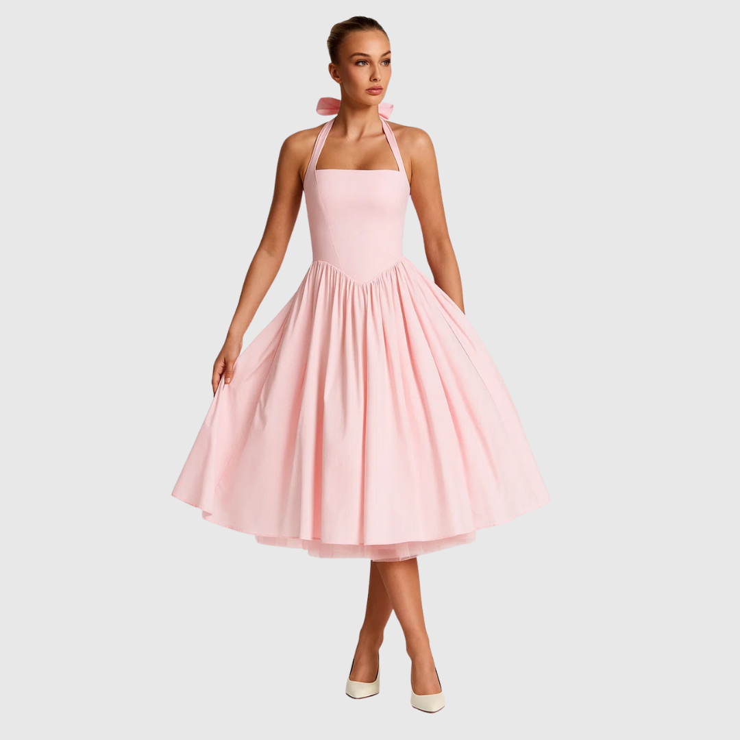 Verity halter midi dress in light pink, full front view