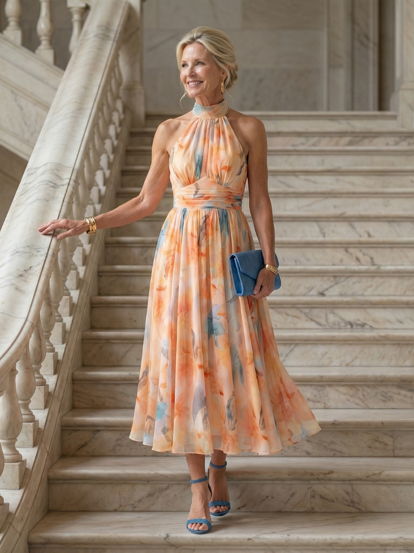 Elin halter midi dress worn on marble staircase, full-length side view
