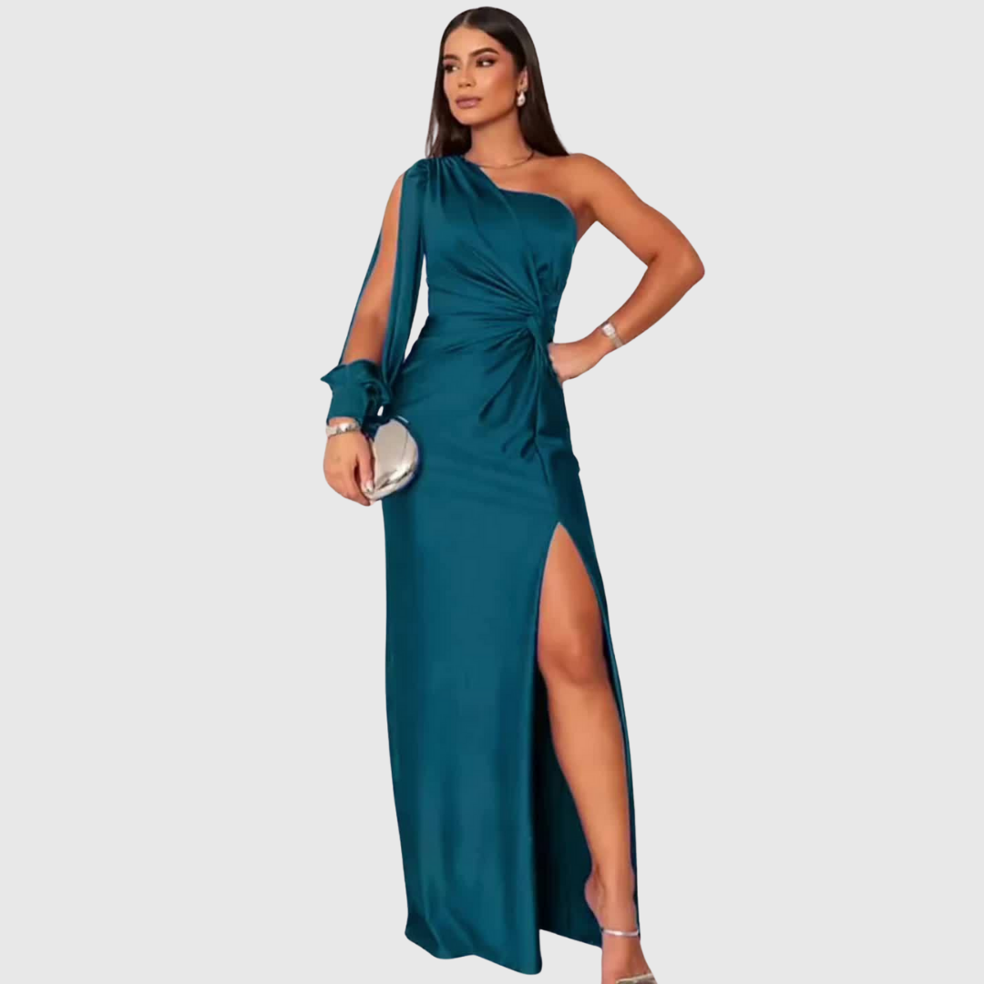Charlotta one-shoulder gown in blue, full-length view with clutch