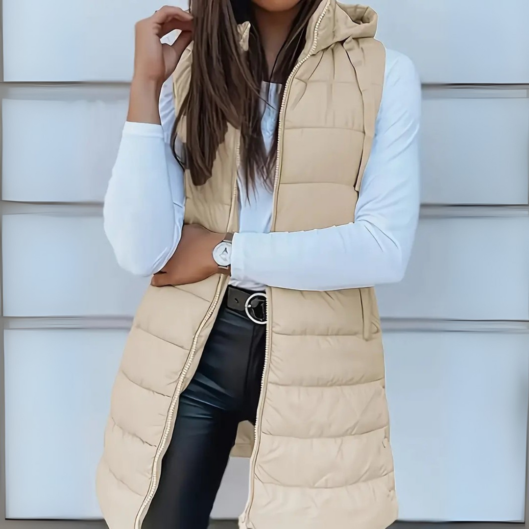 Eirlys hooded puffer vest in beige, front view