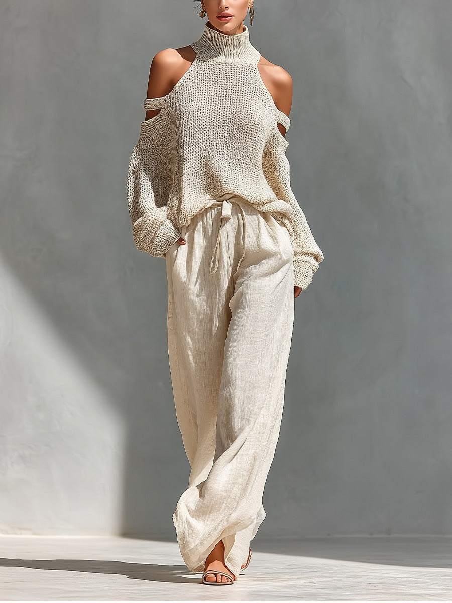 Alessia off-shoulder two-piece set in beige, full-length front view