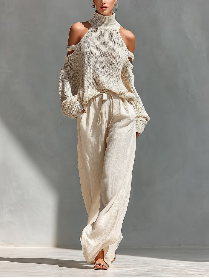 Alessia off-shoulder two-piece set in beige, full-length front view