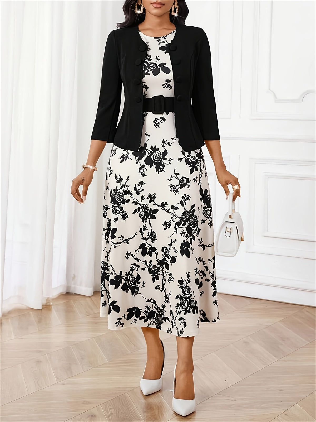 Amelie Lane two-piece set in black and ivory floral print, full-length front view