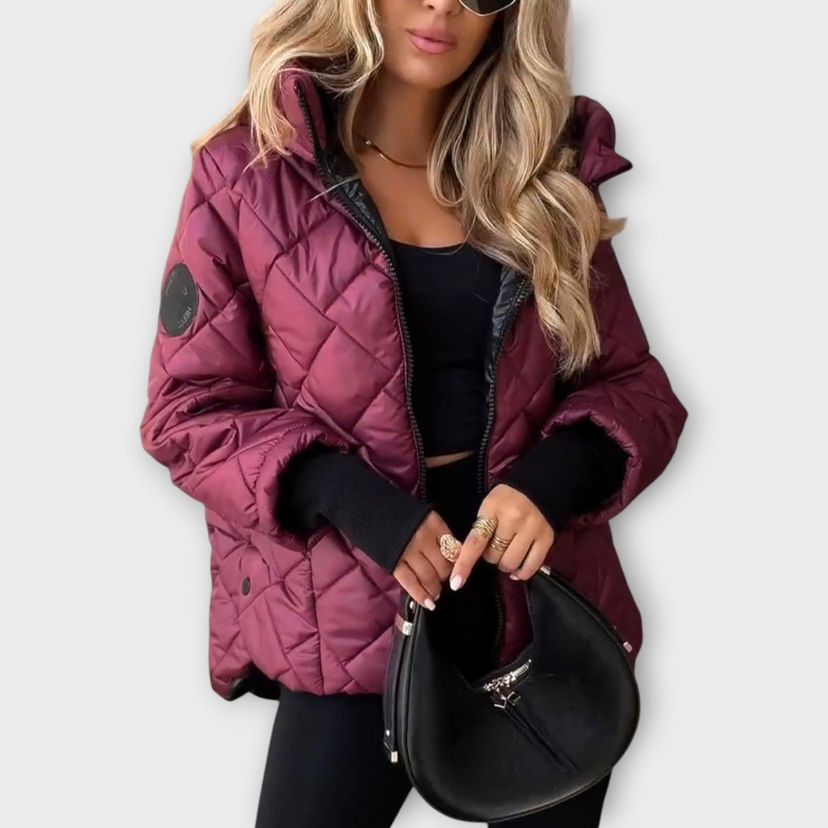 Winola hooded quilted jacket in wine red, full front view with bag