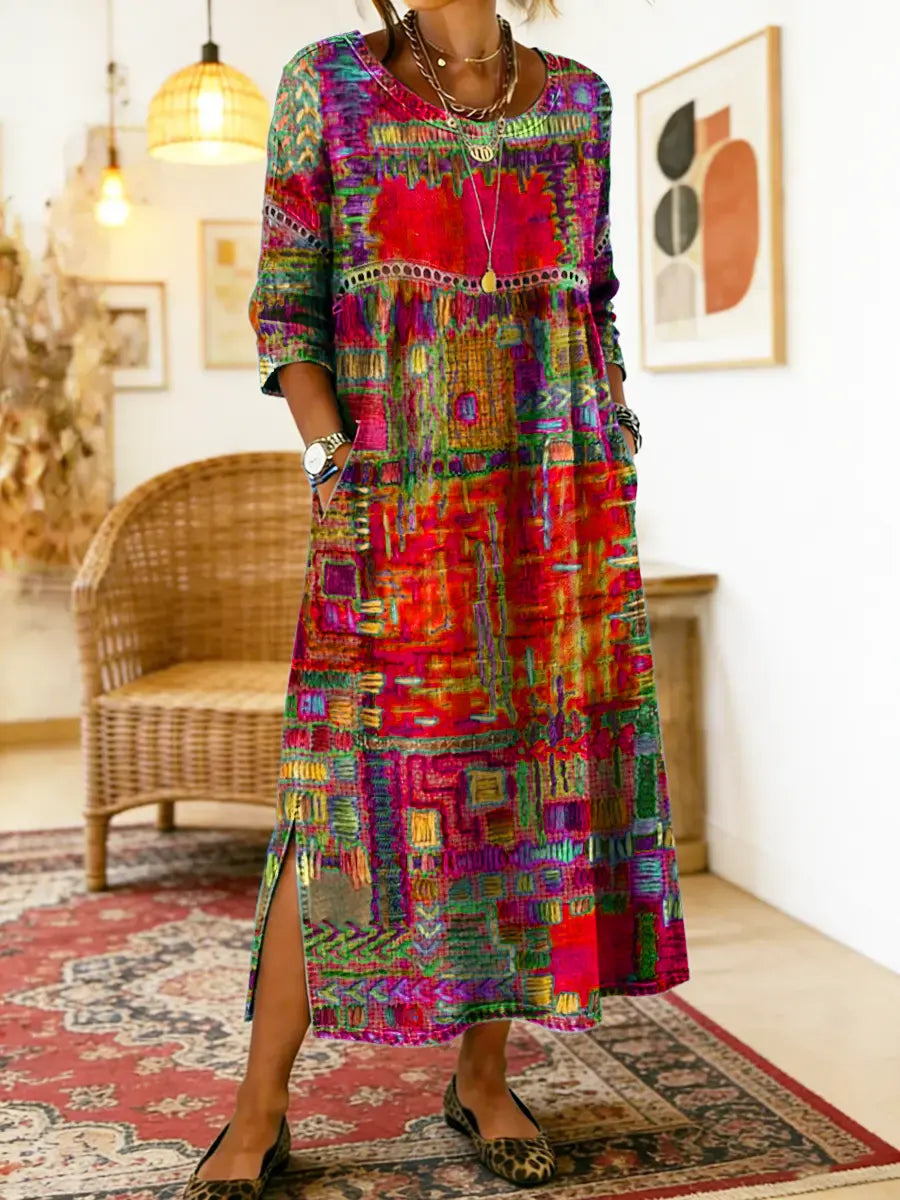 Sabine bohemian print maxi dress in red multicolour, full-length front view