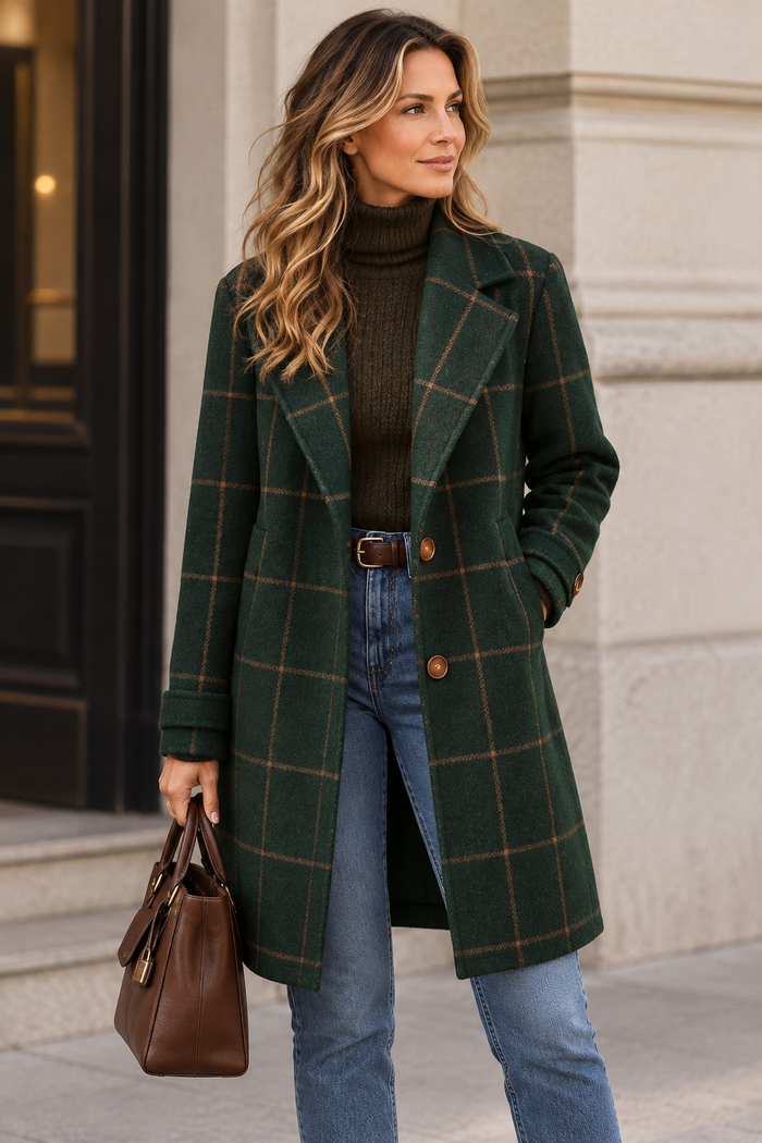 Mathilda long tweed-look check coat in dark green, full-length front view