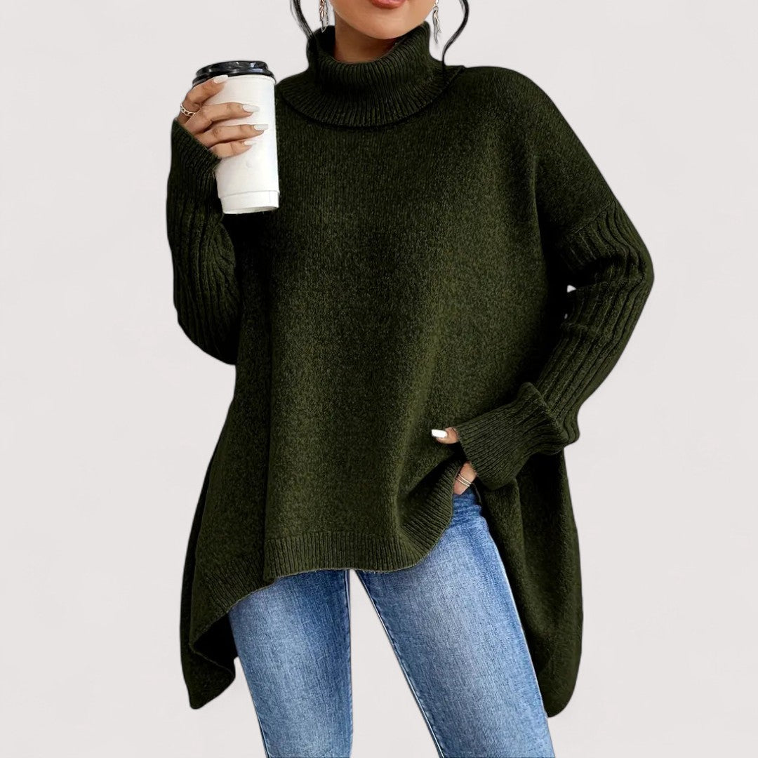 Fenella long turtleneck sweater in fir green, front view