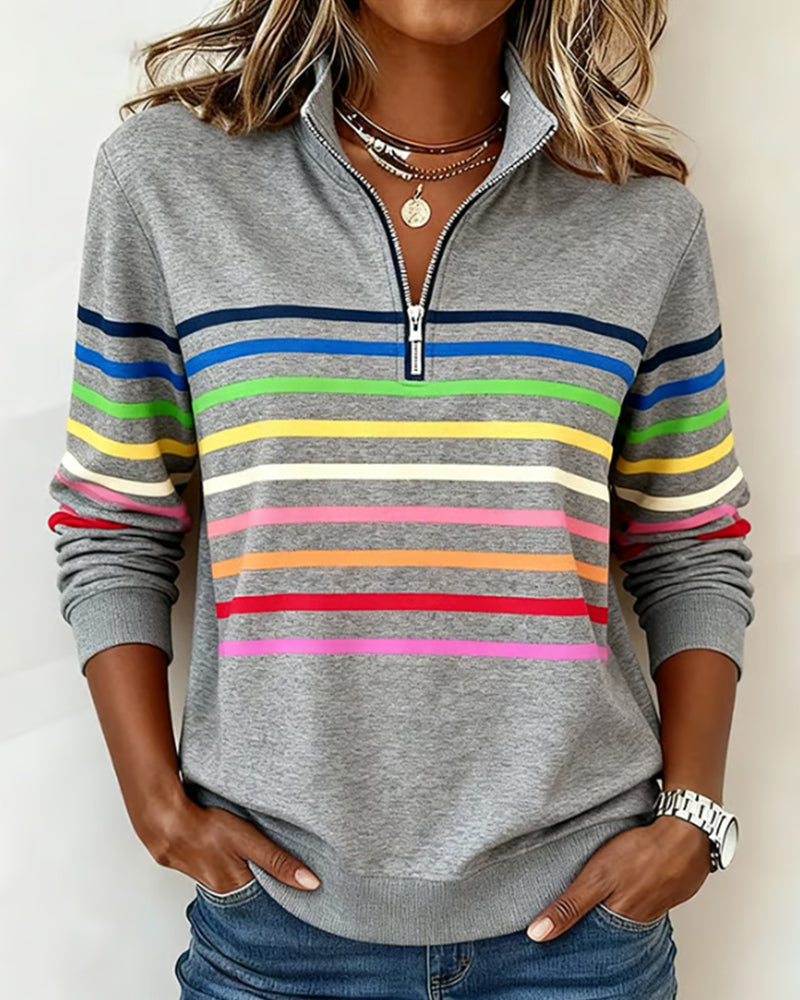 Cassie rainbow stripe sweatshirt in grey, front view with stand-up collar