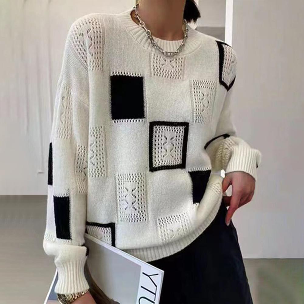 Zaydeanne knit sweater in white with black square blocks, relaxed fit