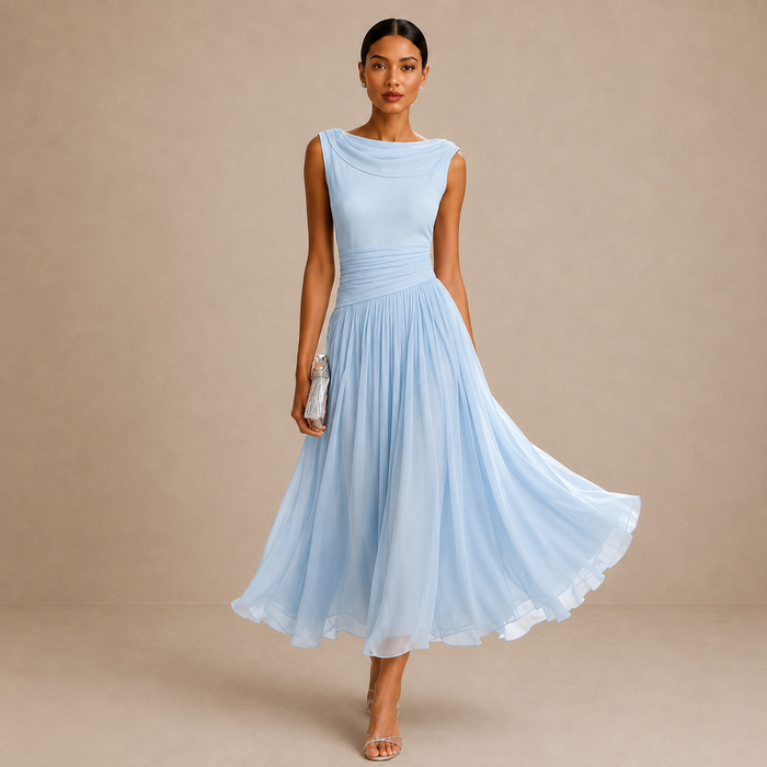 Elvena pleated midi dress in light blue, full-length front view