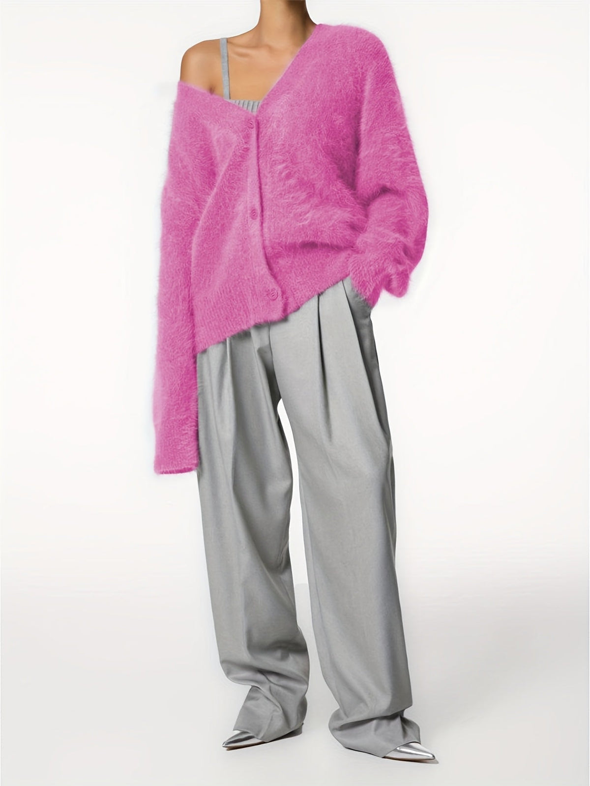 Seriavi V-neck cardigan in rose red, full-length styled view