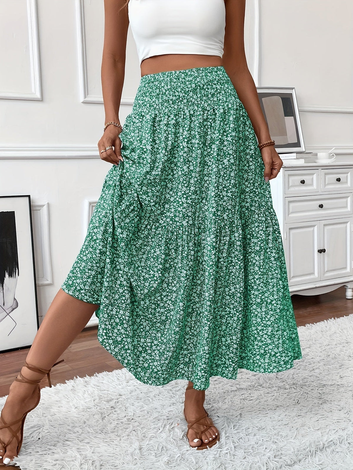 Tahlia tiered floral maxi skirt in green, full-length front view