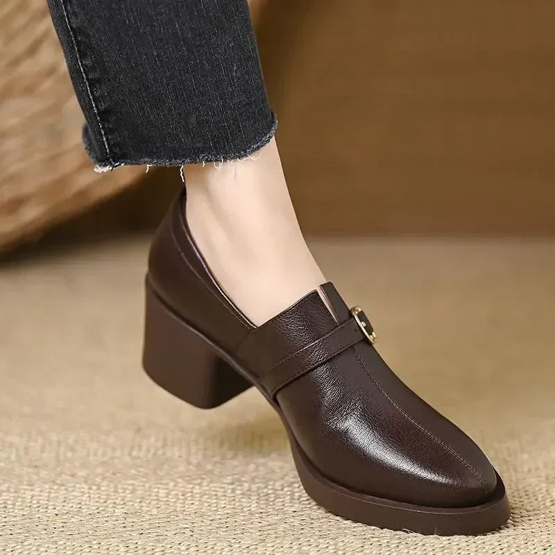 Celine block heels in brown, three-quarter worn view