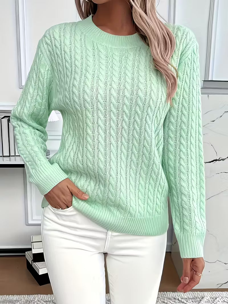 Tahlia cable knit sweater in mint green, full front view