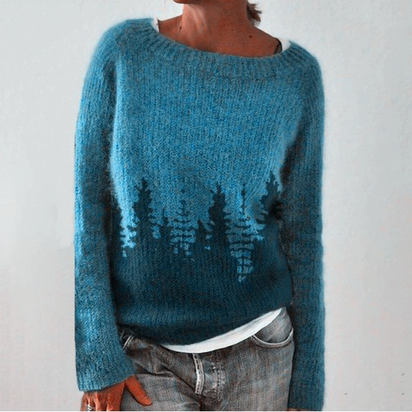 Nevaeh retro Scandinavian knitted sweater in teal blue with pine forest motif, front view