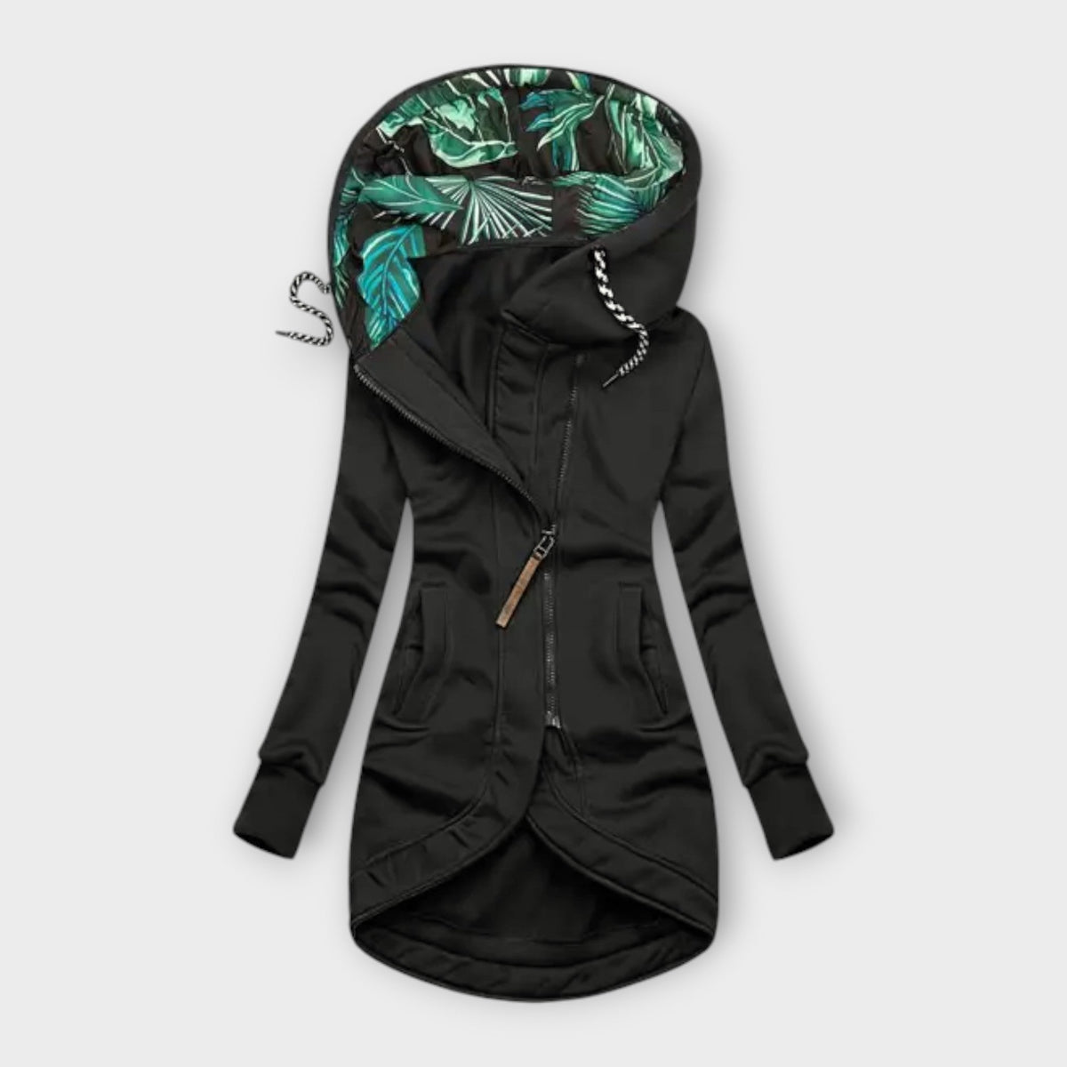 Minnie water-repellent hooded jacket in black, front view with tropical hood lining