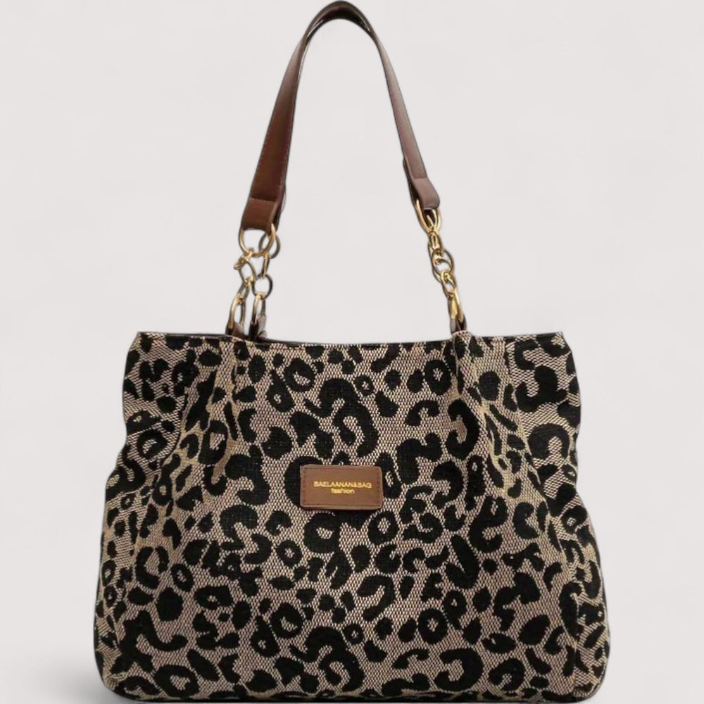 Lévrier leopard canvas shopping bag, front view with chain-linked straps