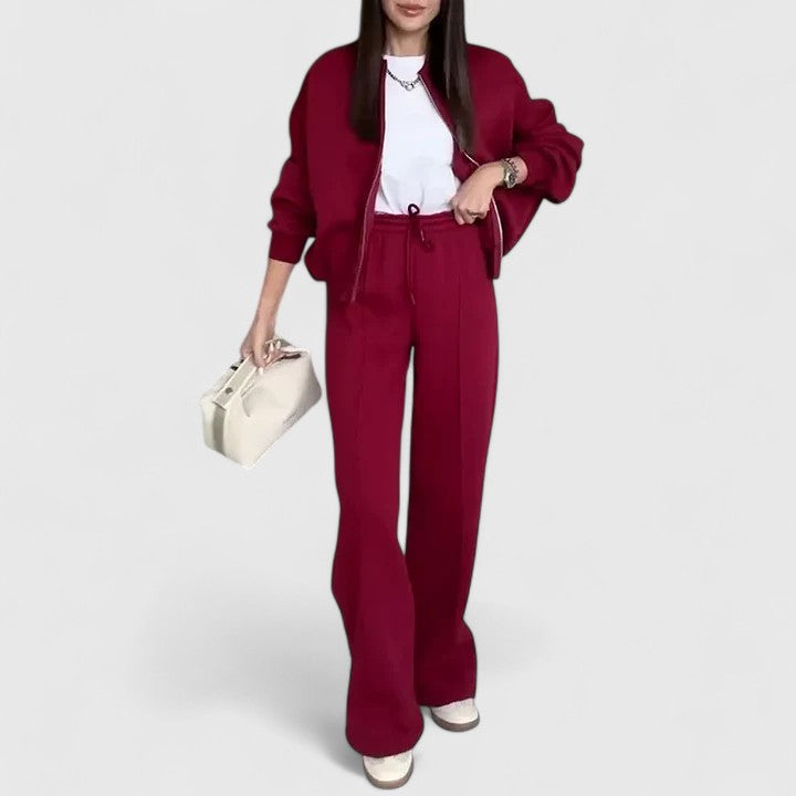 Olyverrah sweater and trouser set in red, full-length front view