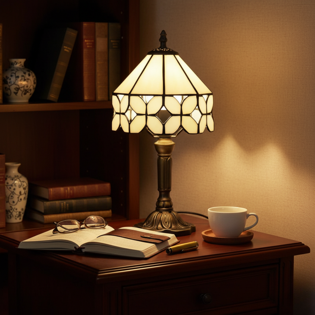 Osaka stained-glass lamp lit on a wooden bedside table with books and a cup