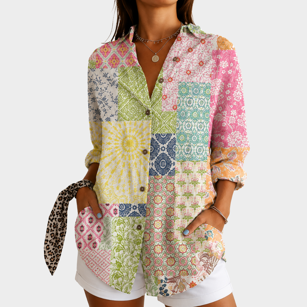 Sunshine patchwork blouse in multicoloured print, front view with white shorts