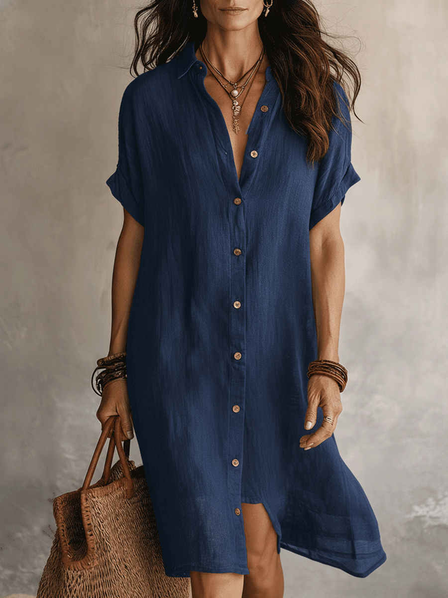 Modern Boho linen midi shirt dress in blue, full front view