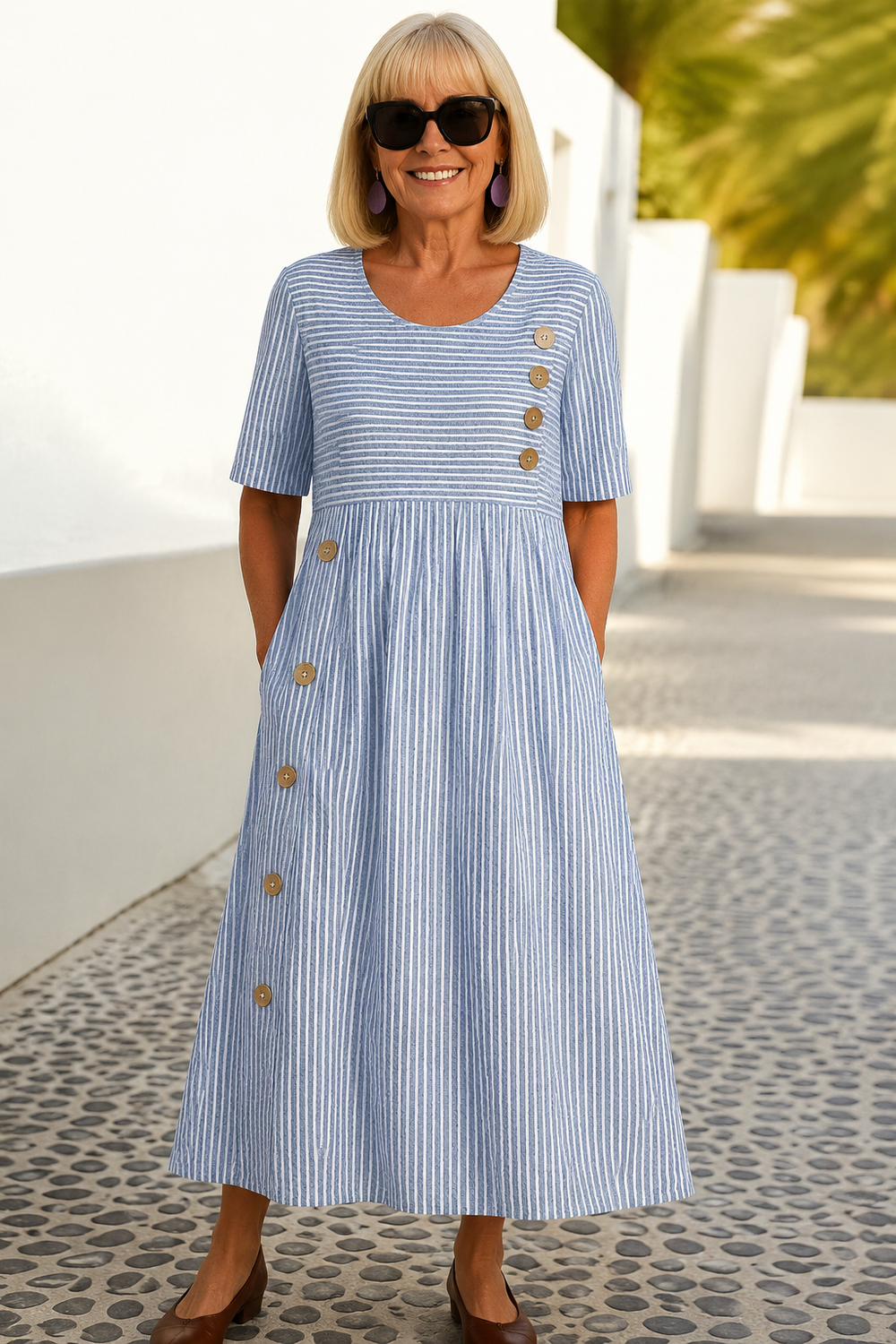 Sofia striped summer dress in blue and white, full-length front view