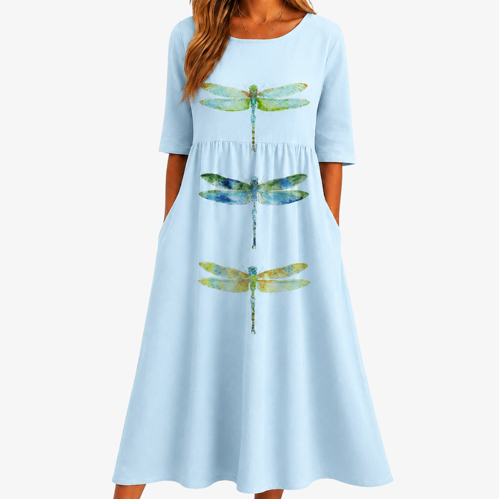 Sky blue dragonfly print midi dress with side pockets, full front view