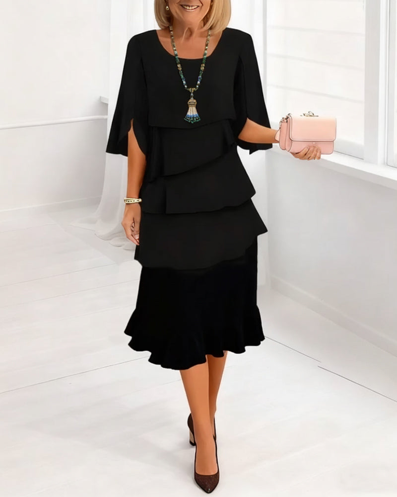 Charlotte split-sleeve midi dress in black, full-length front view