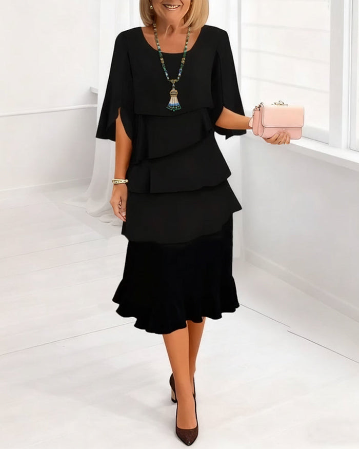 Charlotte split-sleeve midi dress in black, full-length front view