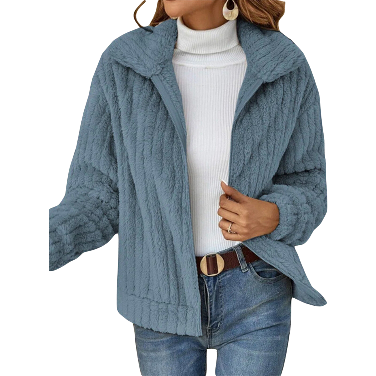 Sybil fleece winter jacket in blue, front view worn with jeans