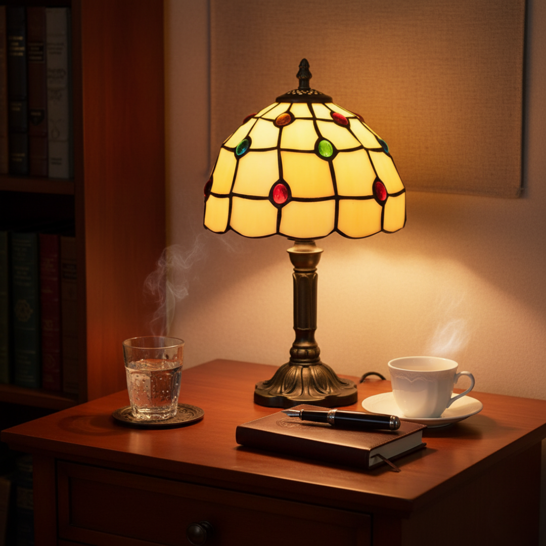 Golden Diamonds lamp glowing on a wooden bedside table with book and cup