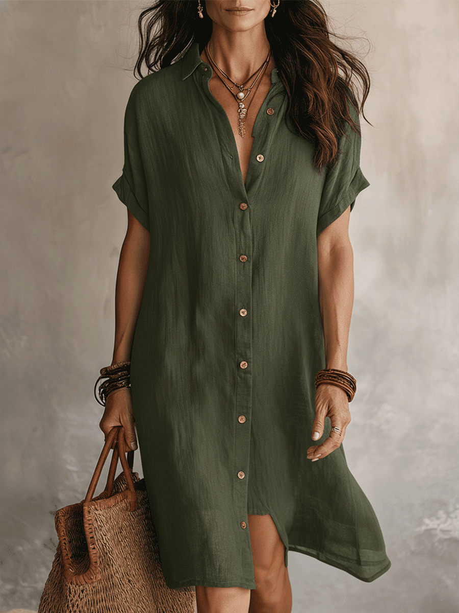 Modern Boho linen midi shirt dress in green, full front view